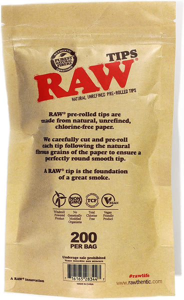 RAW Natural Unrefined Pre-Rolled Filter Tips - 1 Bag of 200 Tips